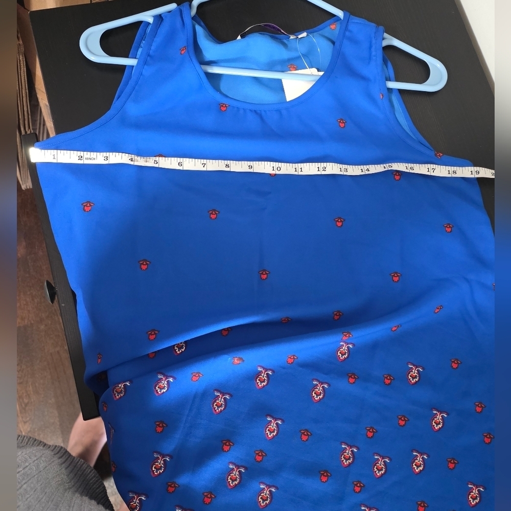 Blue Asymmetrical Hem Sleeveless Tunic Top | Red Mini Print | Size 8 - Picture 8 of 9